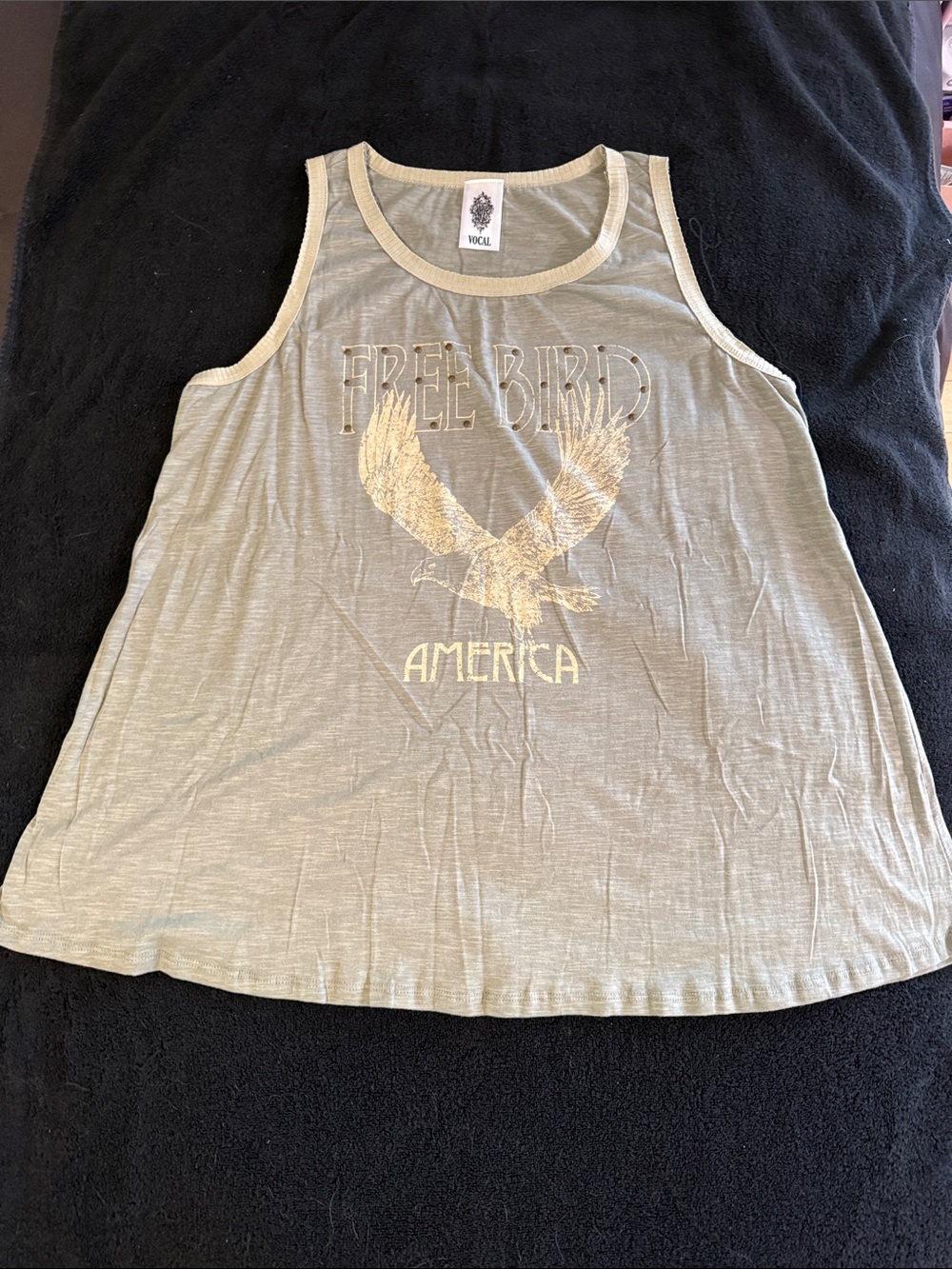 Vocal Olive Graphic 'Free Bird' Eagle Tank with Cream Print